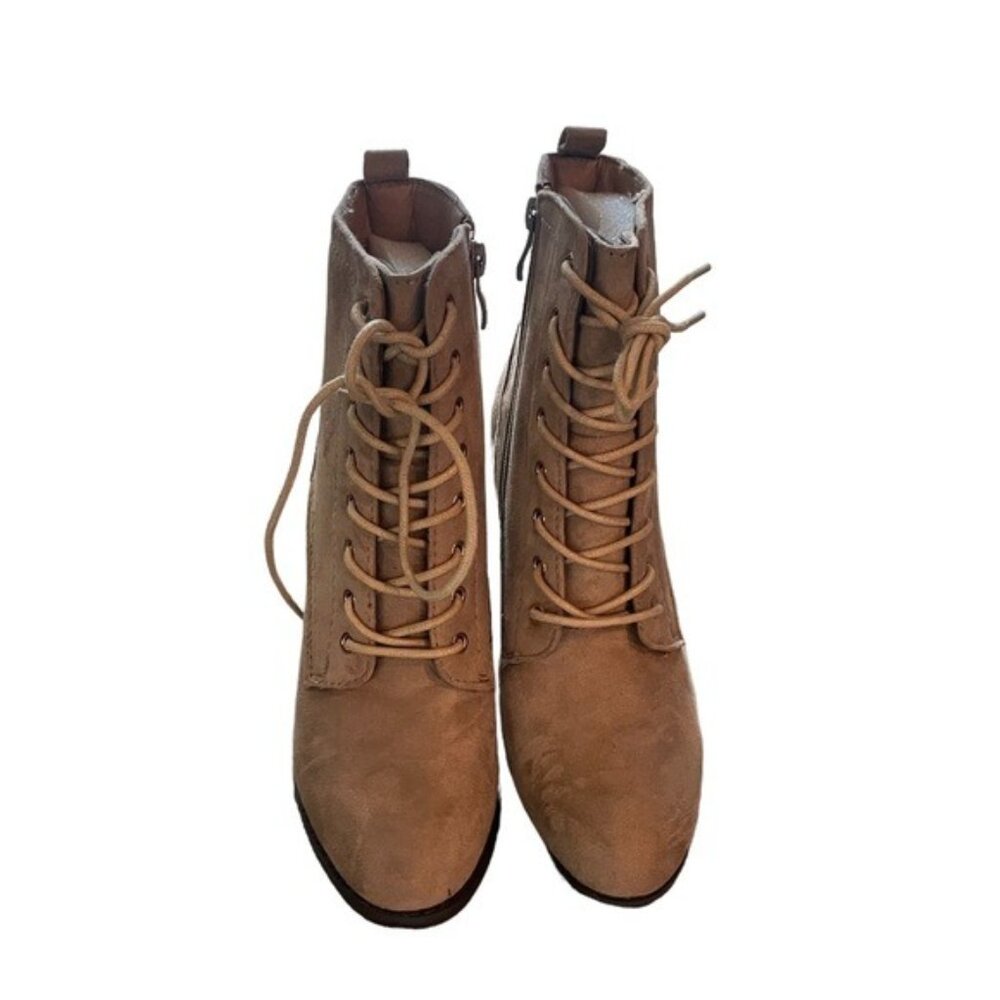 Lace-Up High Heel Womens Boots Tan Size 7 Faux Suede Block Heel